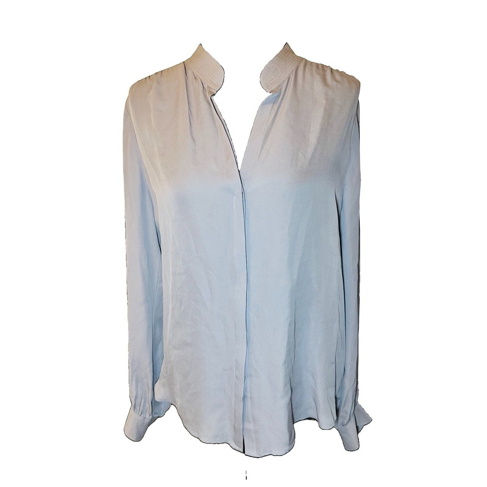 L'AGENCE Womens MEDIUM Gray Blue Silk Long Sleeve Button Up Banded Collar Blouse